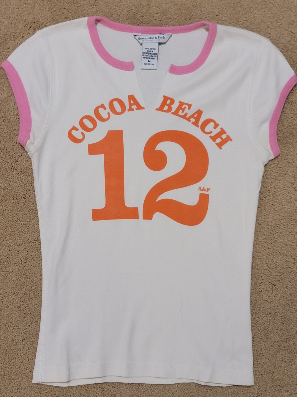 Y2K Abercrombie & Fitch White 'Cocoa Beach W/Pink Trim Tee - Medium